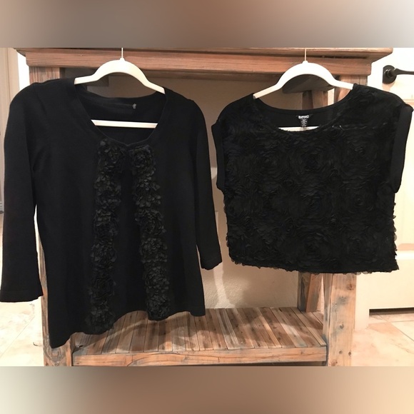 Buffalo David Bitton Tops - Black Floral Appliqué Cardigan Sweater and Floral Appliqué Crop Top Set - S